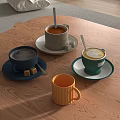 Colorful Coffee Tea And Latte Mugs On Wooden Table With Saucers And Sugar Cubes