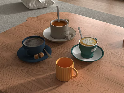 Colorful Coffee Tea And Latte Mugs On Wooden Table With Saucers And Sugar Cubes 3d model