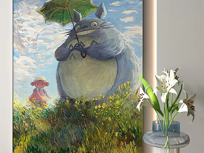 Totoro Holding Umbrella With Small Pig In Grass Field Blue Sky Flowers Oil Painting 3d model