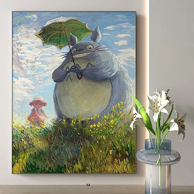 Totoro Holding Umbrella With Small Pig In Grass Field Blue Sky Flowers Oil Painting 3d model