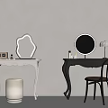 Elegant White And Black Dressing Tables With Decorative Lamp Round Mirror And Stools