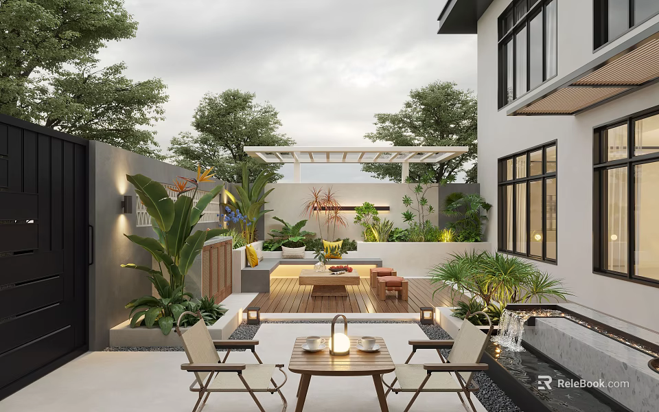 Modern Courtyard Garden With Pergola Outdoor Seating Lush Plants And Ambient Lighting 3d model 