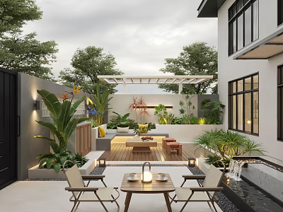 Modern Courtyard Garden With Pergola Outdoor Seating Lush Plants And Ambient Lighting 3d model