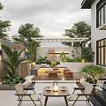 Modern Courtyard Garden With Pergola Outdoor Seating Lush Plants And Ambient Lighting