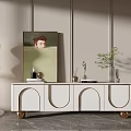 White TV Stand With Arched Design Decorative Items And Green Wall Mirror