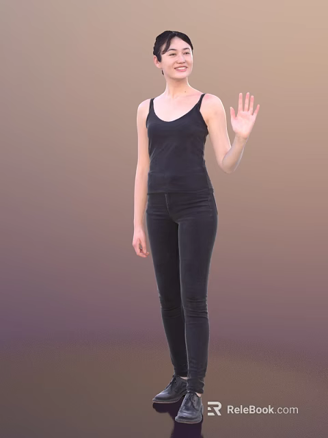 Woman in Black Tank Top and Tight Black Pants Waving Hand on Gradient Background 3d model 