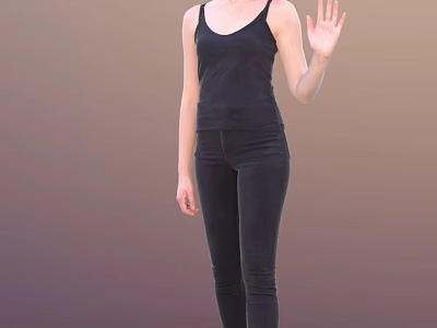 Woman in Black Tank Top and Tight Black Pants Waving Hand on Gradient Background 3d model