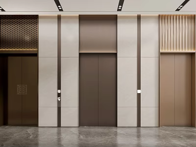 Modern Elevator Interior Design With Multiple Doors Stone Walls And Metal Grille Decorative Lines 3d model