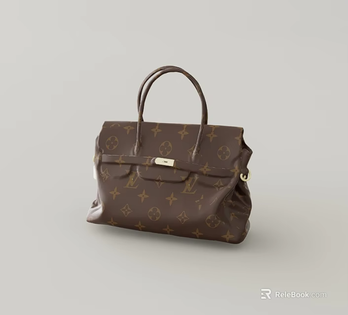 Brown Leather Handbag With Classic Monogram Pattern Top Handle And Golden Lock 3d model 