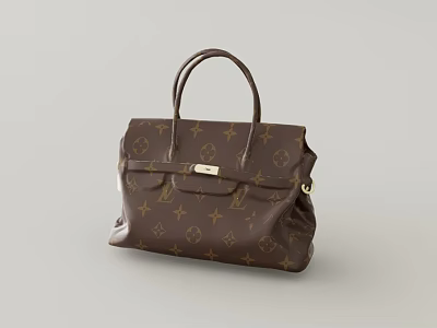 Brown Leather Handbag With Classic Monogram Pattern Top Handle And Golden Lock 3d model