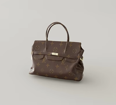 Brown Leather Handbag With Classic Monogram Pattern Top Handle And Golden Lock 3d model