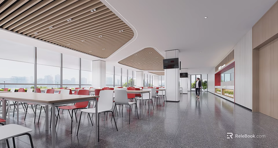 Modern Dining Area With Large Windows Ceiling Details And Red Chairs 3d model