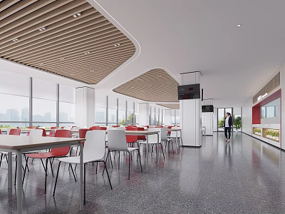 Modern Dining Area With Large Windows Ceiling Details And Red Chairs 3d model