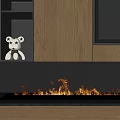 Modern Wooden Fireplace Interior With Burning Flames And Teddy Bear On Shelf