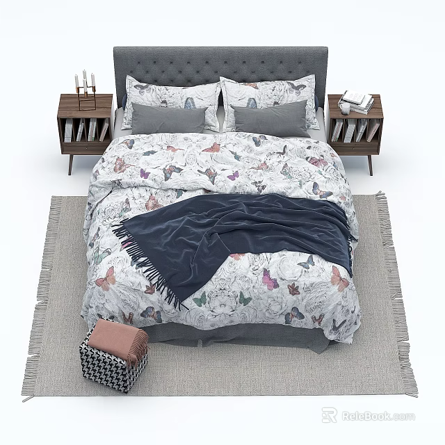 Double Bed With Gray Upholstered Headboard Floral Print Bedspread Gray Pillows Nightstands Books Dark Blanket 3d model 