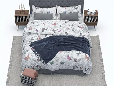 Double Bed With Gray Upholstered Headboard Floral Print Bedspread Gray Pillows Nightstands Books Dark Blanket 3d model