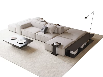 Modern Beige Fabric Sofa and Coffee Table Set With Cushions Black Table Floor Lamp on Carpet 3d model
