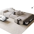 Modern Beige Fabric Sofa and Coffee Table Set With Cushions Black Table Floor Lamp on Carpet