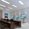 Conference Room Interior With Long Table Black Chairs Logo On Wall And Ceiling Lights