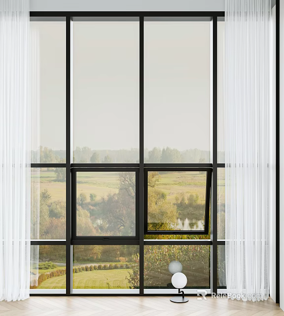 Black Framed French Windows With Sheer Curtains And Outdoor Scenery 3d model 
