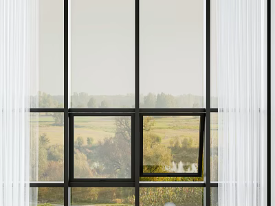 Black Framed French Windows With Sheer Curtains And Outdoor Scenery 3d model