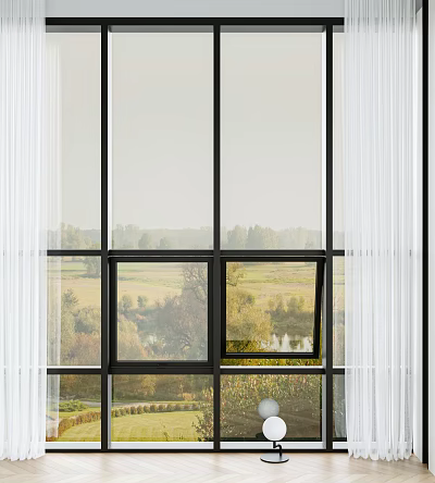 Black Framed French Windows With Sheer Curtains And Outdoor Scenery 3d model
