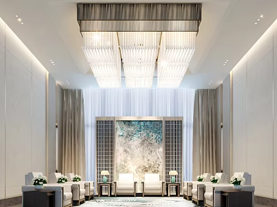 Luxurious Hotel Public Lounge With Comfortable Seats Large Decorative Painting And Elegant Chandelier 3d model