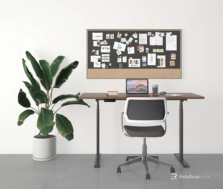 Minimalist Office Desk With Bulletin Board Notes Photos Laptop Coffee Cup Chair And Large Plant 3d model 