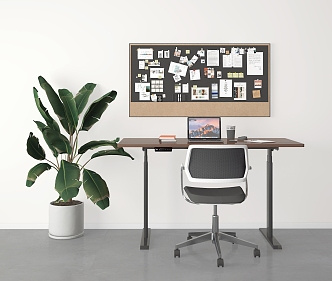 Office Desk Mobile Desk Lifting Table Workbench Office Chair Plant Notes Wall Post-it Notes Board Potted Desk Office Chair 3d model