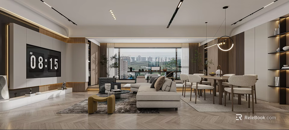 Modern Living Dining Room Interior With City View Large Windows Sofa And Dining Table 3d model