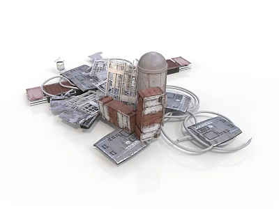3D Architectural Scene Components With Dome Multi Story Building Metal Plates And Circular Rings 3d model