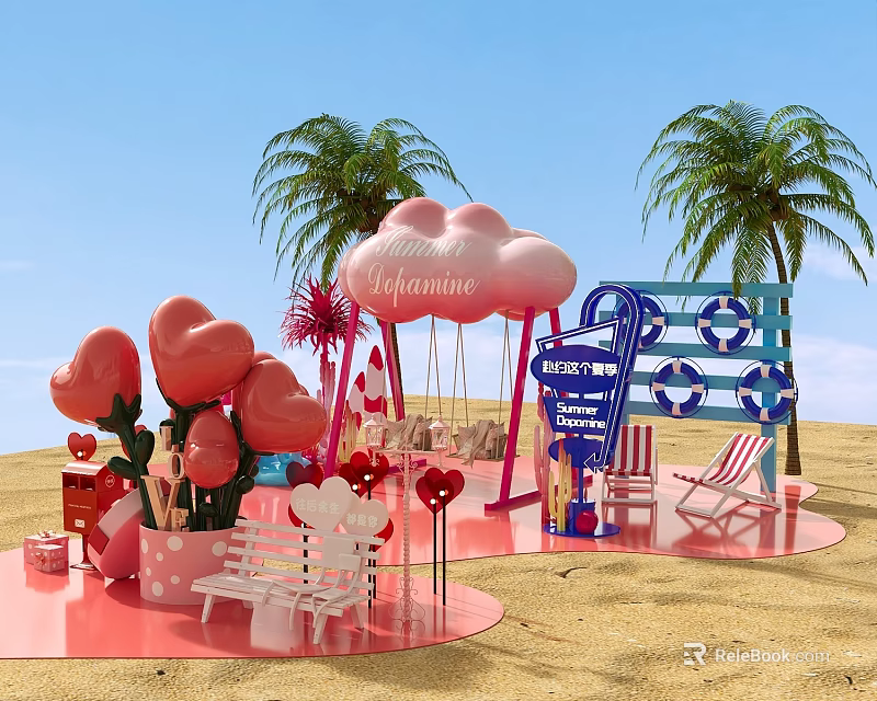 Vibrant Exhibition Booth Decorations With Pink Cloud Swing Heart Decorations Beach Chairs And Palm Trees 3d model 