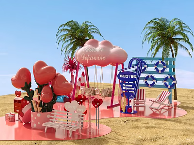 Vibrant Exhibition Booth Decorations With Pink Cloud Swing Heart Decorations Beach Chairs And Palm Trees 3d model