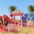 Vibrant Exhibition Booth Decorations With Pink Cloud Swing Heart Decorations Beach Chairs And Palm Trees