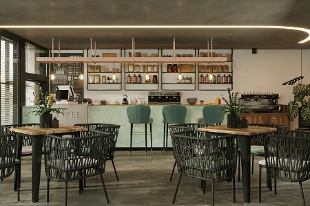 Industrial style cafe console milk tea shop workbench restaurant water bar coffee shop workbench cashier front desk bar stool coffee machine coffee grinder 3d model