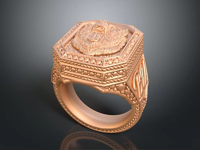 Rose Gold Hexagonal Top Ring With Engraved Lion Head And Intricate Patterns 3d model