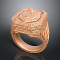 Rose Gold Hexagonal Top Ring With Engraved Lion Head And Intricate Patterns 3d model