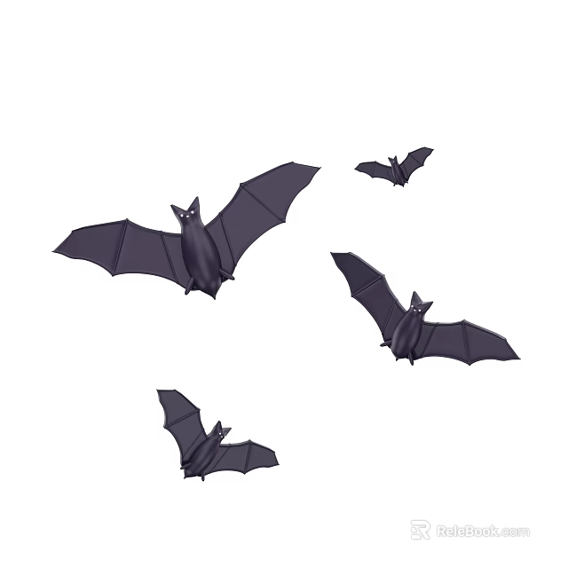 Four Flying Black Bats on Clean White Background in Simple Flight Scene 3d model 