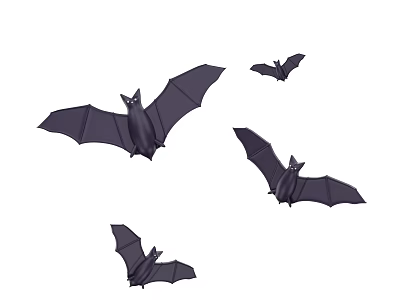 Four Flying Black Bats on Clean White Background in Simple Flight Scene 3d model