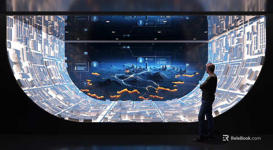 Man Observing Futuristic Tech Interface On Curved Display With Digital Map And Data Points 3d model 
