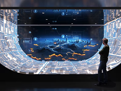 Man Observing Futuristic Tech Interface On Curved Display With Digital Map And Data Points 3d model