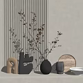 Black Vase With Branches On White Countertop Near Gray Mug Wooden Tray And Striped Wall