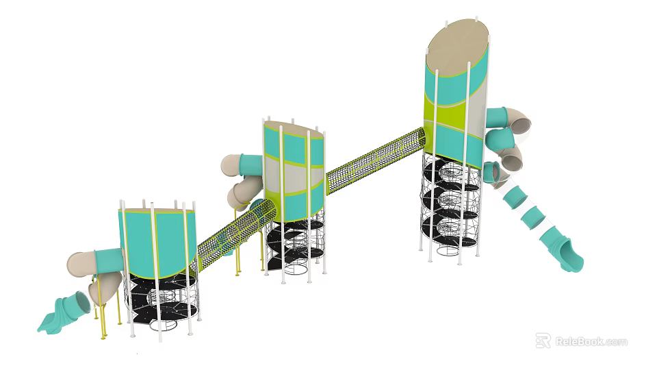 Colorful Playground Equipment With Tower Like Structures Turquoise Panels And Blue Slides 3d model 
