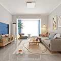Modern Living and Dining Room Interior With Gray Sofa Wooden Dining Table And Pendant Lights