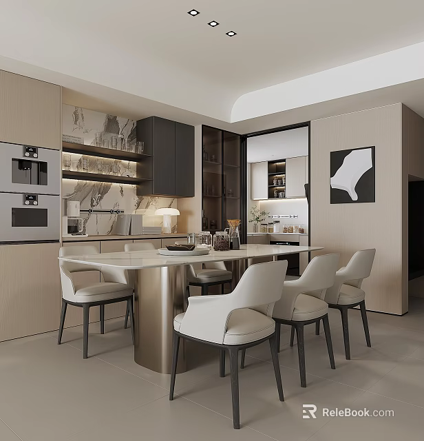 Modern Restaurant Kitchen Interior Design With Marble Island Counter And Seating 3d model 