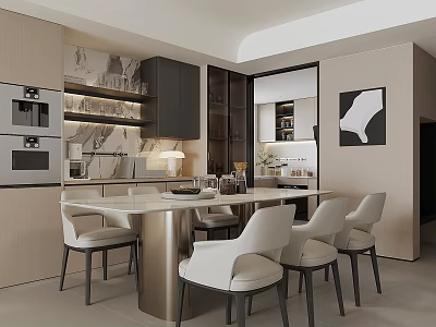 Modern Restaurant Kitchen Interior Design With Marble Island Counter And Seating 3d model