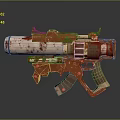 Futuristic Orange Metallic Gun With Battle Worn Details And Blood Stains