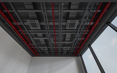 Industrial air duct ceiling air conditioning duct ceiling line pipe trunking duct fire fighting duct 3d model