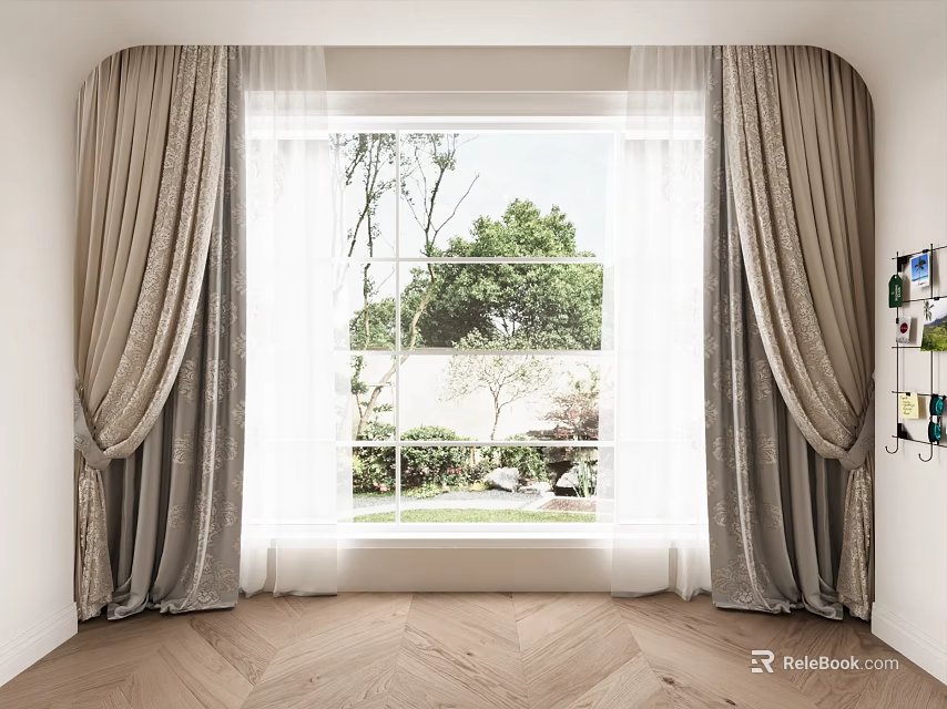 Elegant Light Gray Textured Curtains For Window With Green Trees And Herringbone Wooden Floor 3d model 