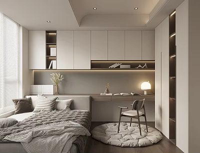 Modern Tatami Bedroom Interior Design With Tatami Bed Striped Quilt Desk And White Cabinets 3d model
